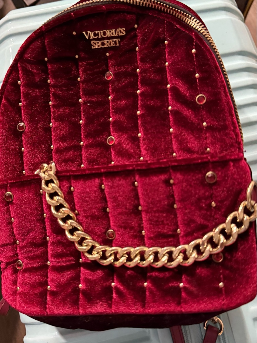 Victoria's Secret Burgundy Quilted Velvet Mini Backpack with Gold Chain Detail